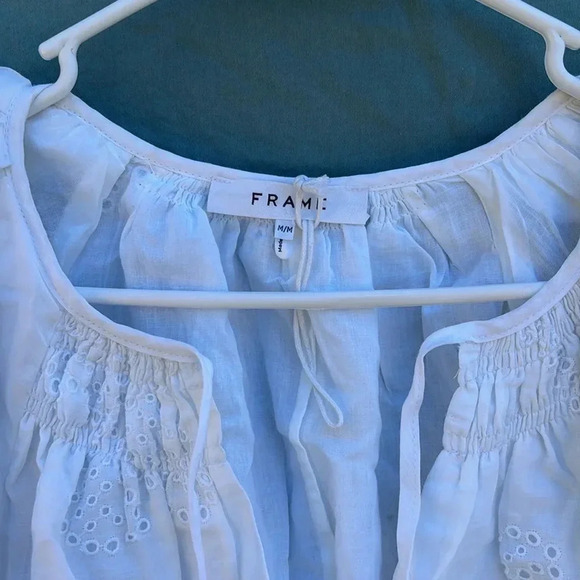 EUC Frame Womens White Self-Tie V-Neck Puff Sleeve Mini-Dress Sz M *defect* - Picture 2 of 7